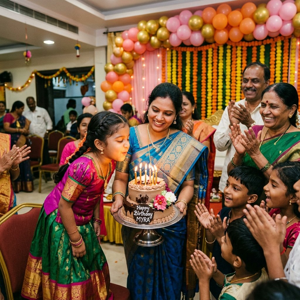 South Indian family birthday celebration inside the mandapam function hall
