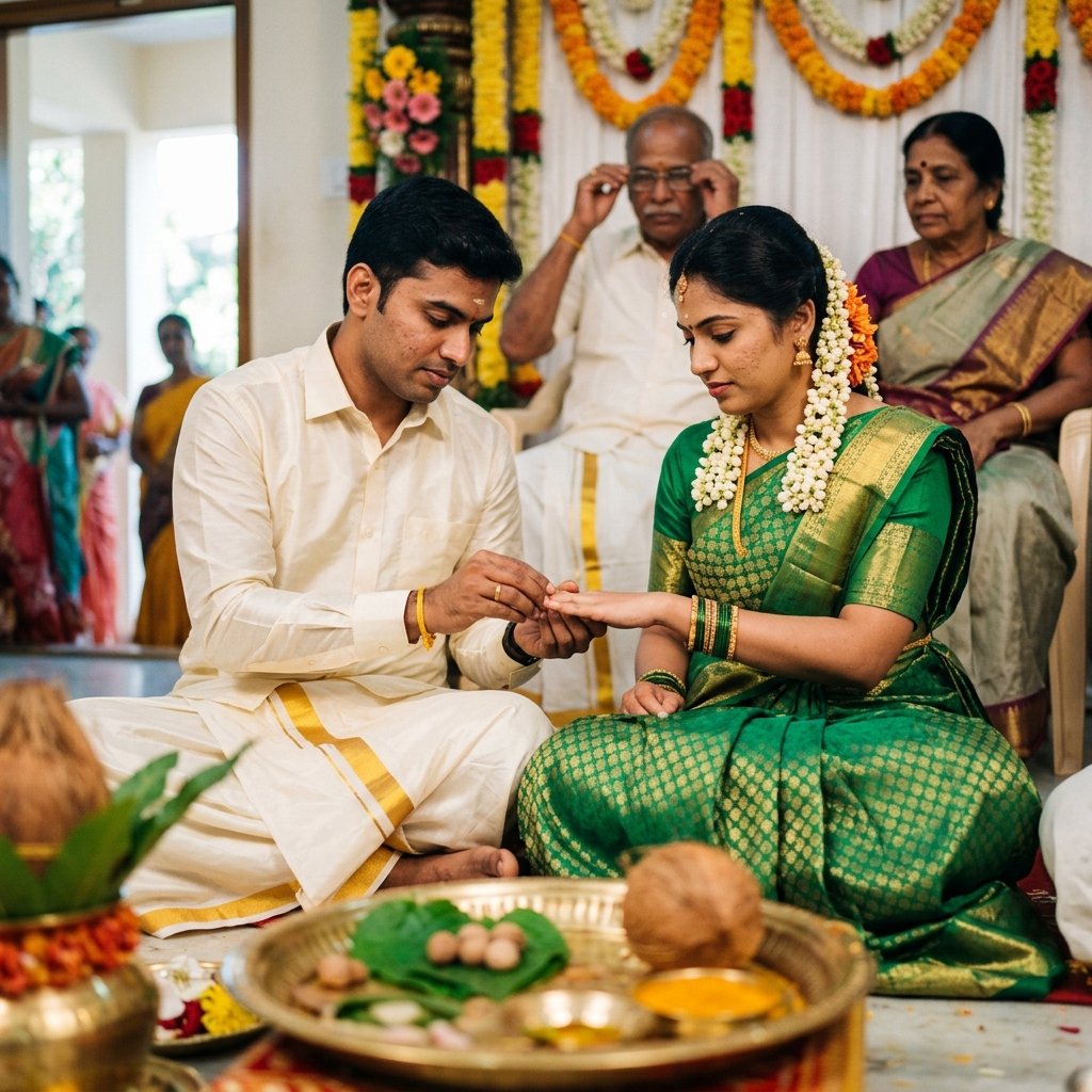 South Indian engagement ring exchange ceremony on stage