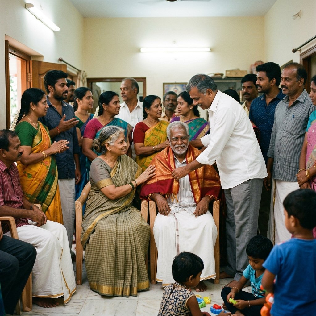 Traditional South Indian family gathering and function indoors inside the mandapam