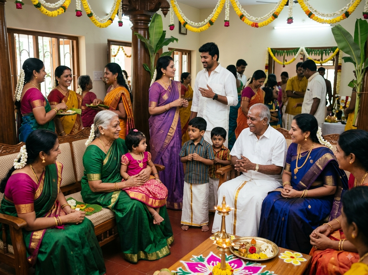 Guests gathered at the flower-decorated main entrance of the mandapam
