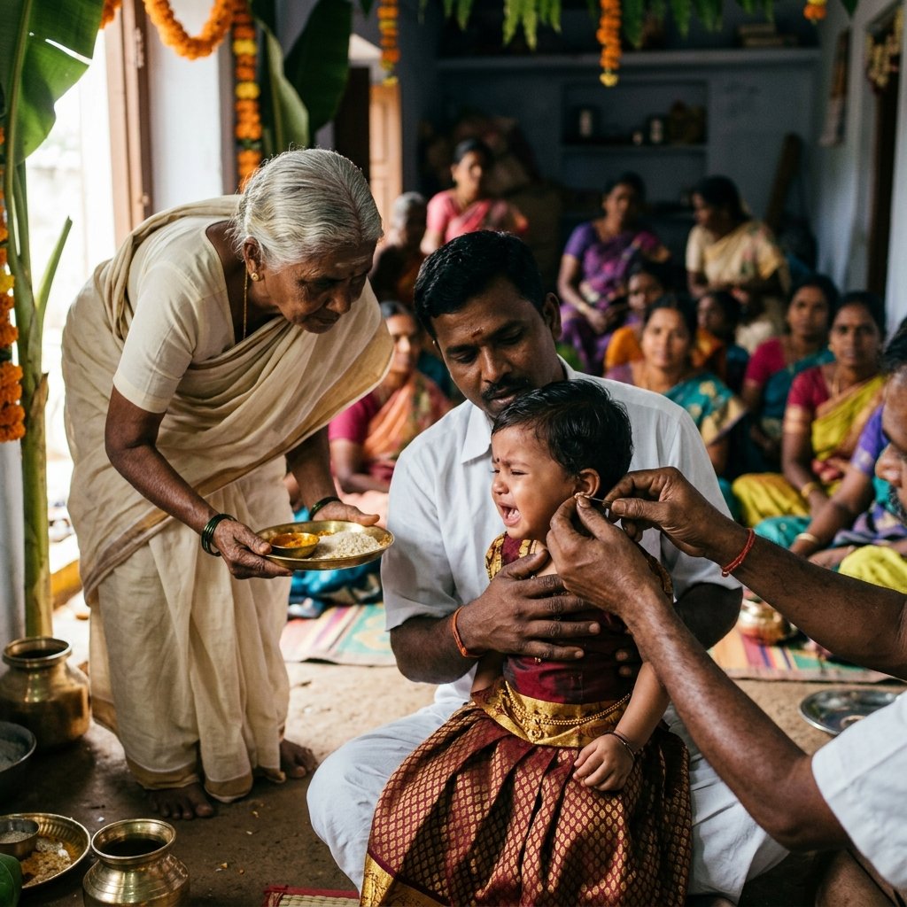 Traditional Tamil kaathukuthal ear piercing ceremony inside the hall