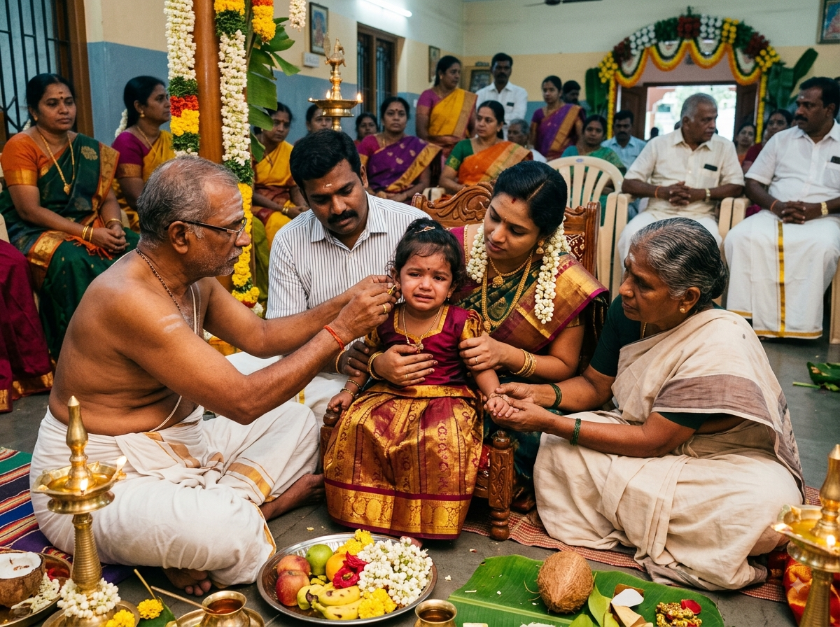 Families gathered for traditional kaathukuthal ceremony in mandapam
