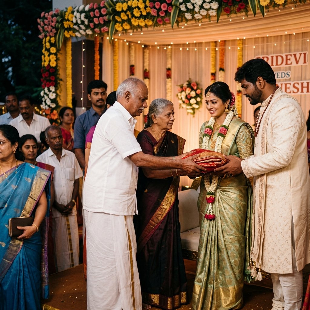 Grand South Indian wedding reception greeting line on stage
