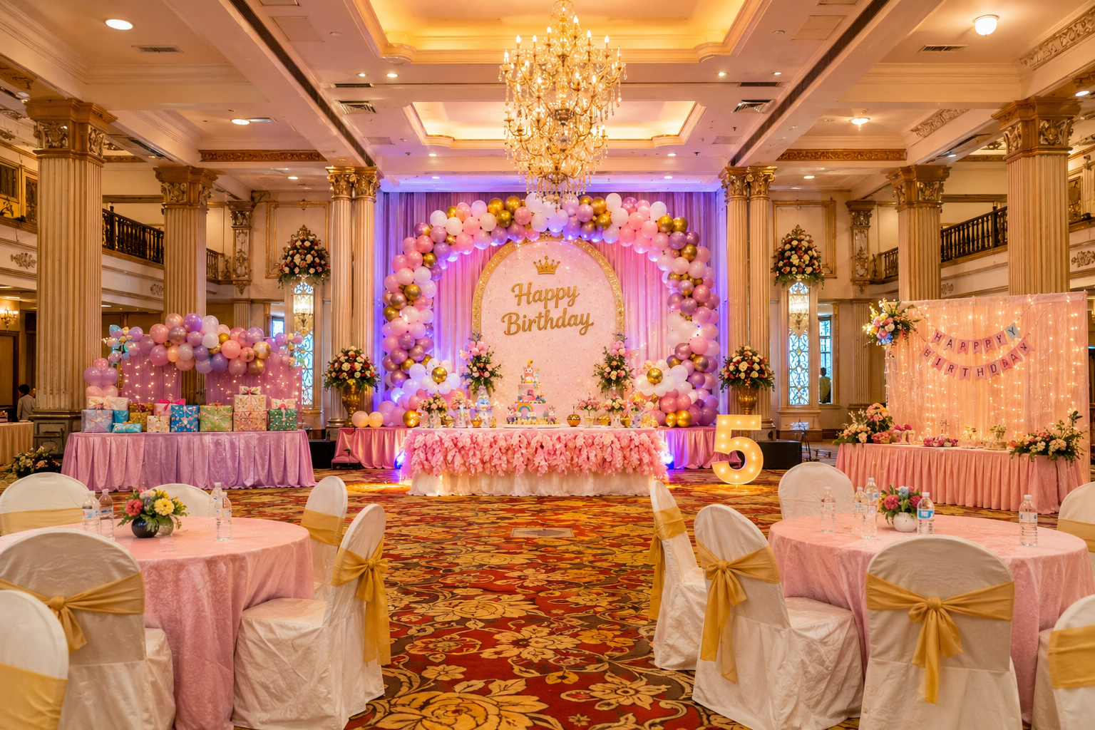 Main hall arranged with seating for birthday celebrations inside the mandapam
