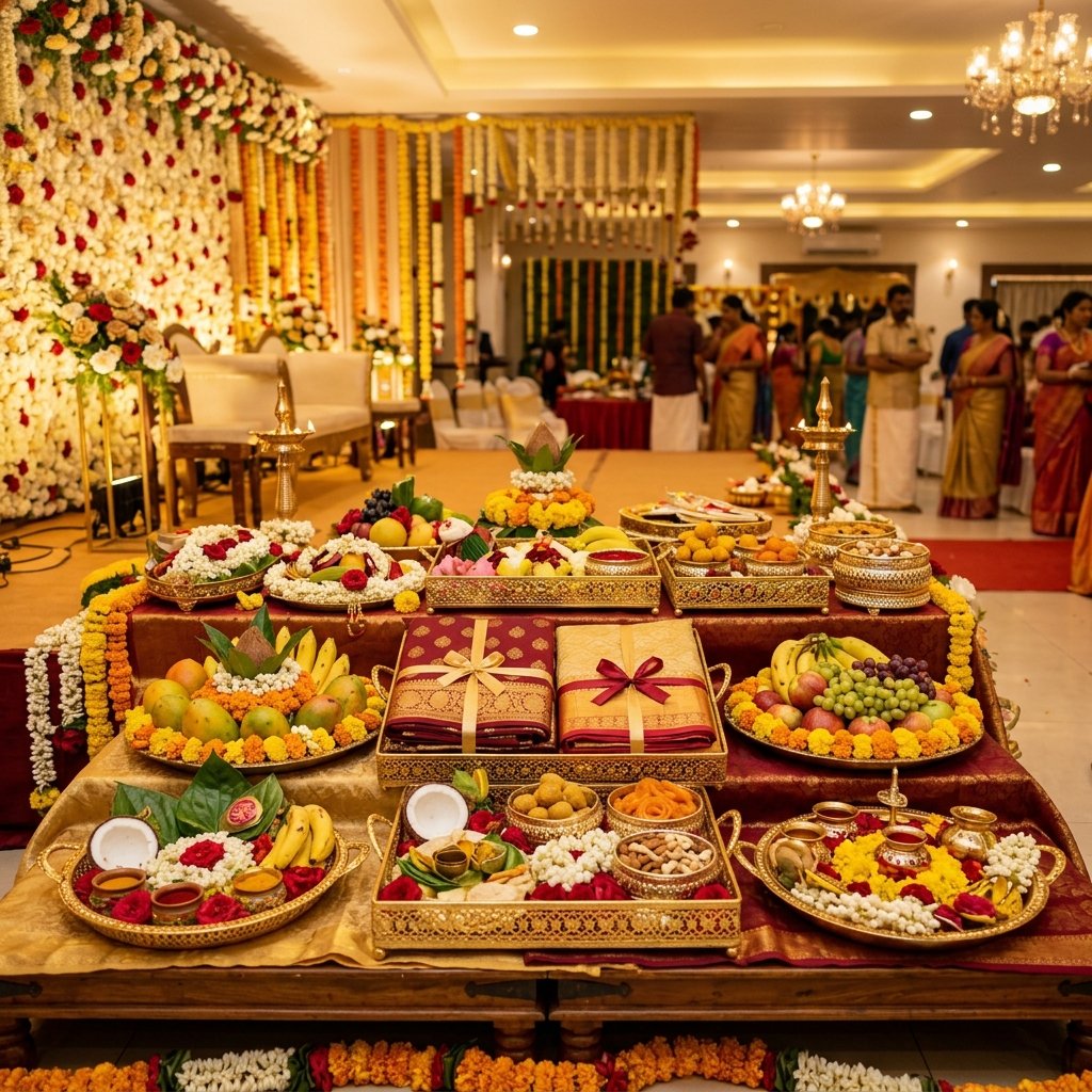 Seer varisai trays decorated with gifts on the engagement stage