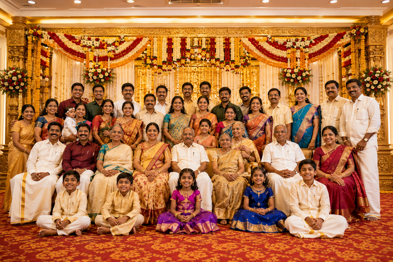 Traditional South Indian family gathering and function indoors inside the mandapam