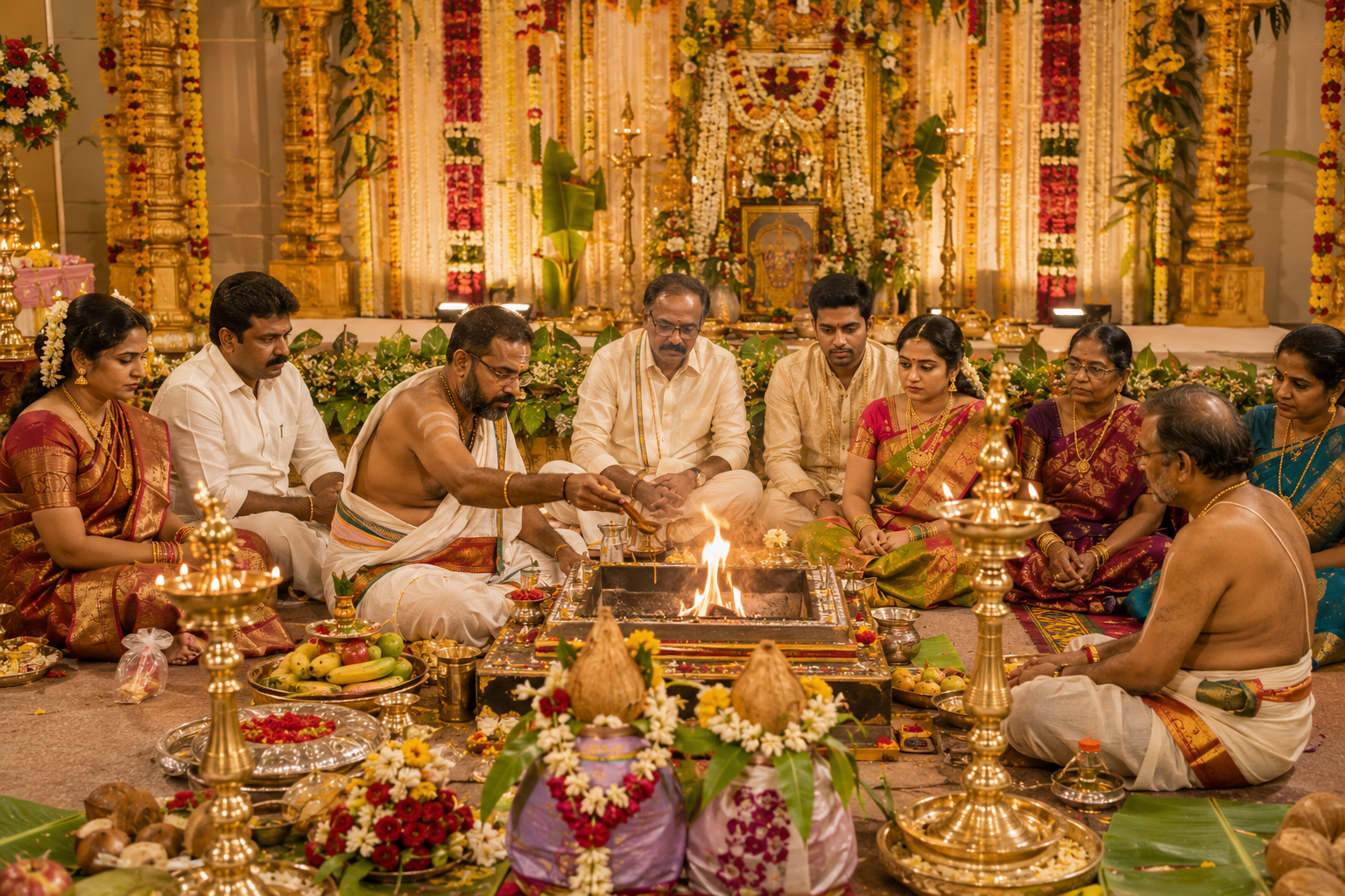 Traditional pooja style family function inside the hall