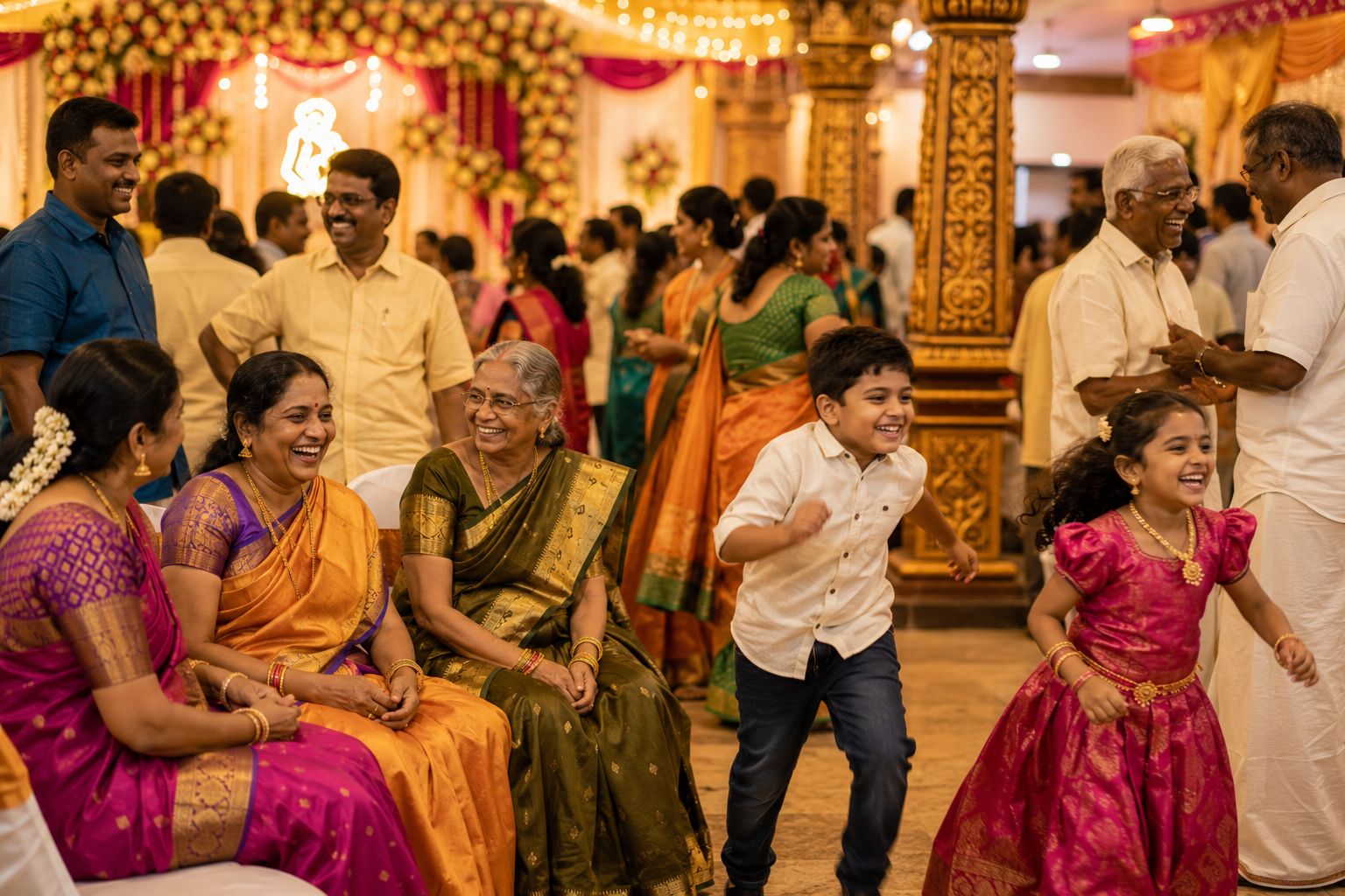 Candid celebration moment — relatives laughing inside the decorated mandapam