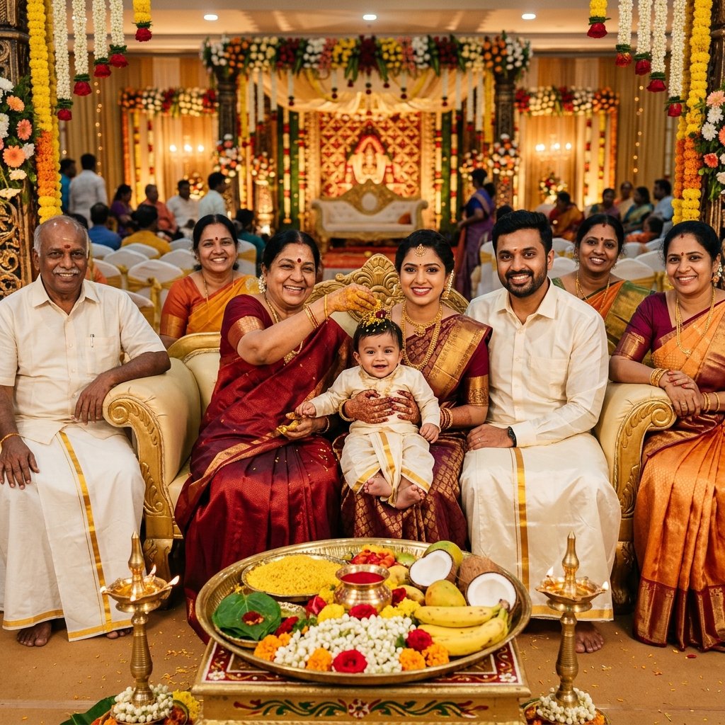 Elders blessing baby with turmeric rice (akshathai) during kaathukuthal