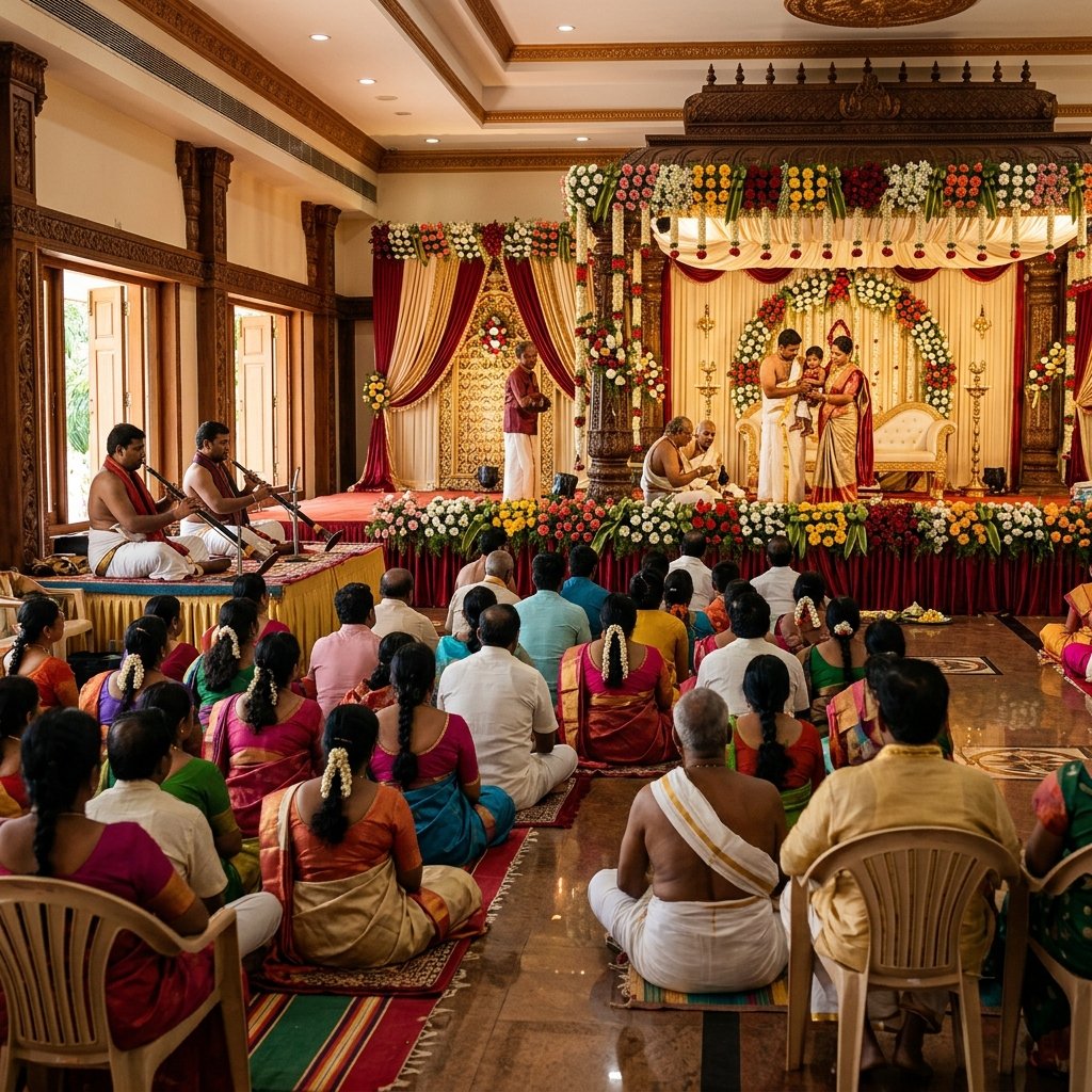 Wide hall view of a traditional kaathukuthal function