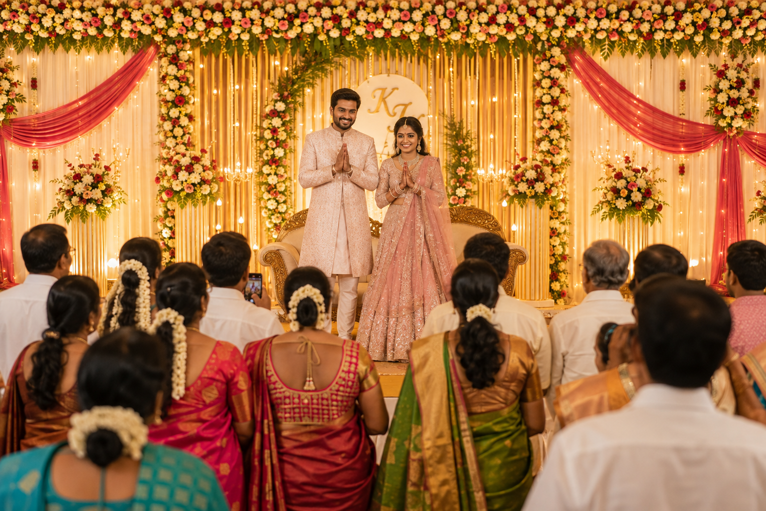 Grand South Indian wedding reception greeting line on stage