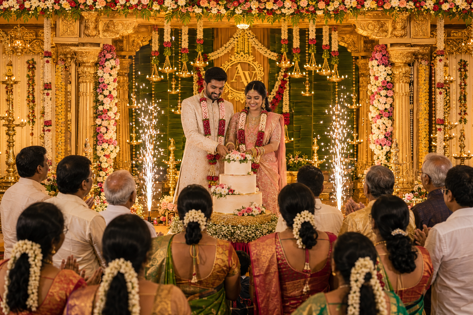 South Indian wedding reception couple sharing a joyful moment on stage