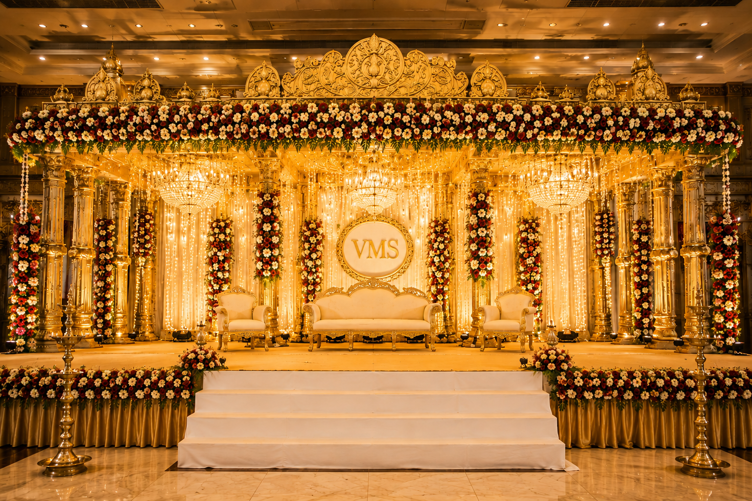 Wide banquet view with guests dining and reception stage glowing
