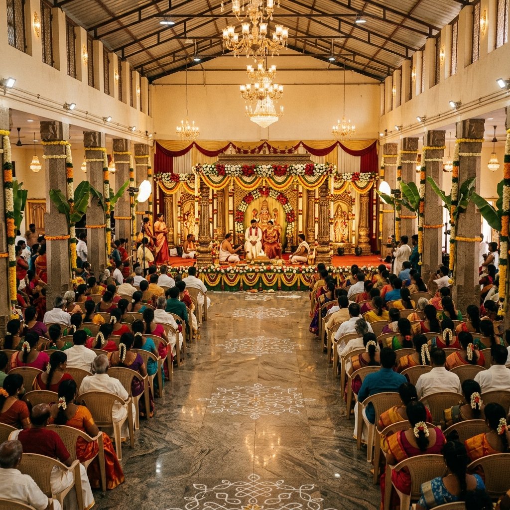 South Indian wedding akshatai blessing ceremony with marigold flowers