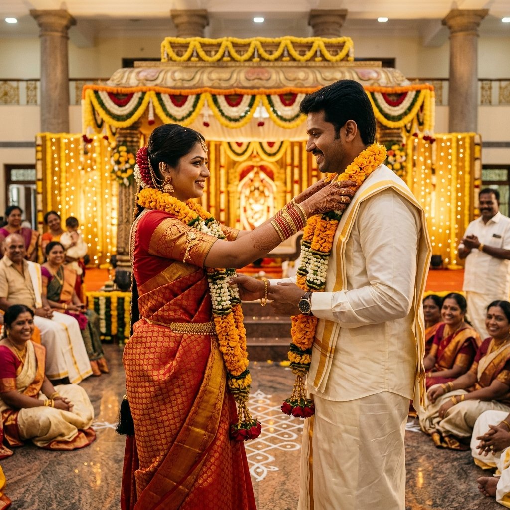South Indian wedding akshatai blessing ceremony with marigold flowers