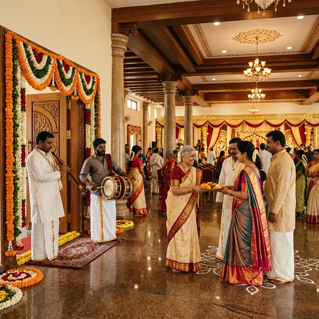 The spacious main hall arranged with seating to host a large number of guests