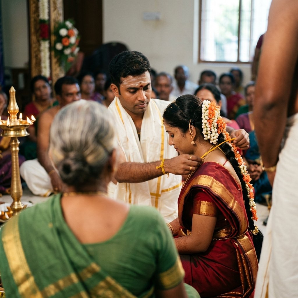 Traditional South Indian Tamil Hindu wedding muhurtham ceremony on stage