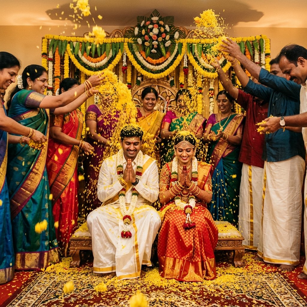Traditional Tamil Hindu wedding rituals and family blessings